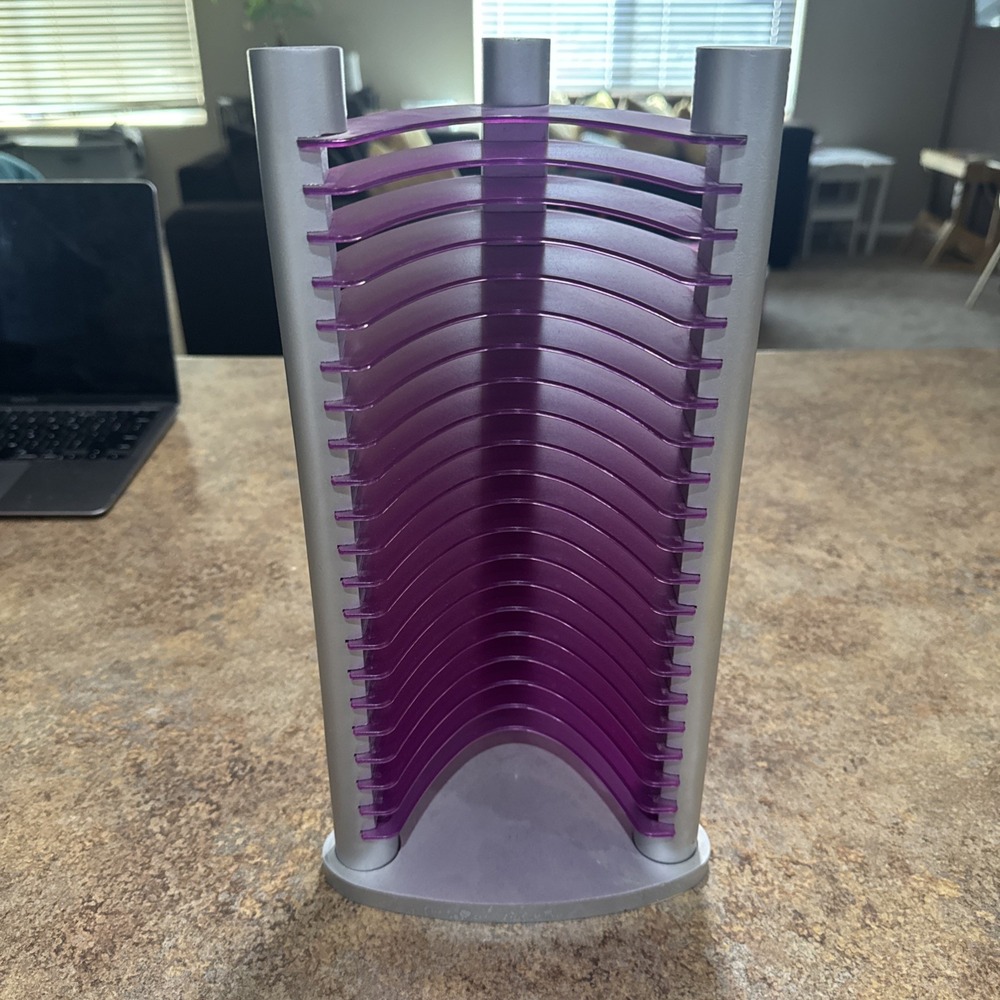 Vintage Y2K CD Rack Tower Silver Purple 20 CD Storage Futuristic Modern Design